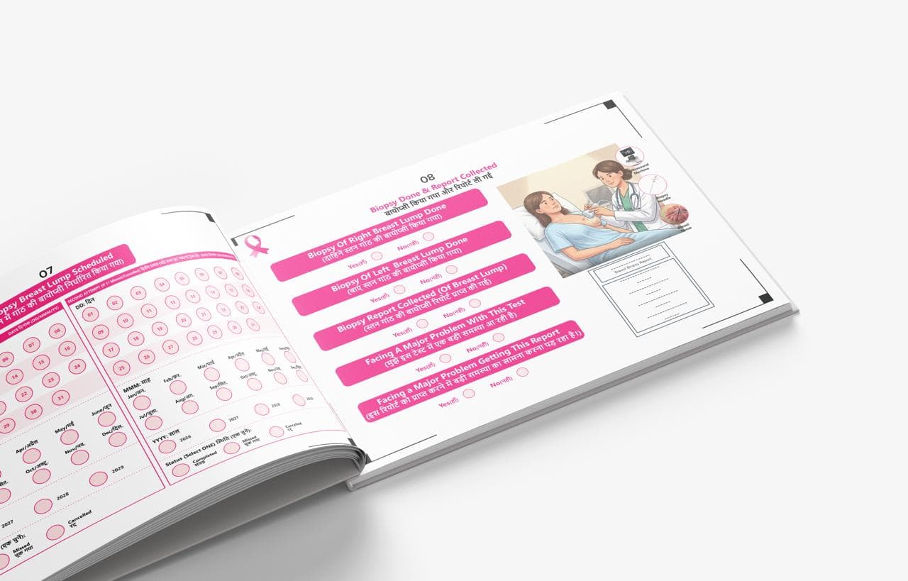 Open CanTRAC breast-cancer diary showing structured bubble-sheet pages in English and Hindi